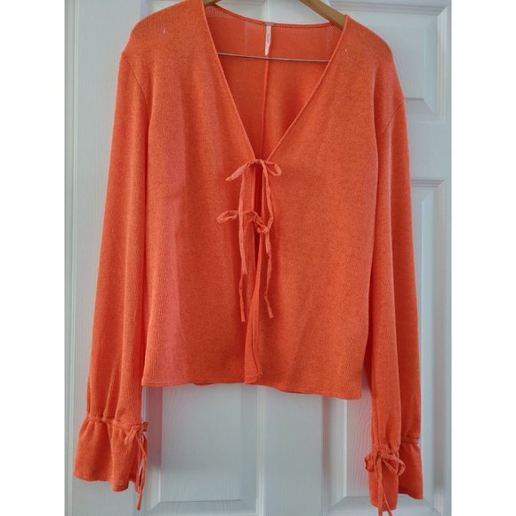 Free People Orange Coquette front tie Cardigan size Medium New bows - Picture 2 of 7